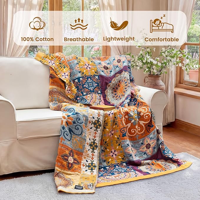 MSGKV Boho Throw Blanket for Bed 90"x90" 100% Cotton Blanket Spring Breathable Lightweight Queen Size Blankets Home Decor Muslin All Seasons