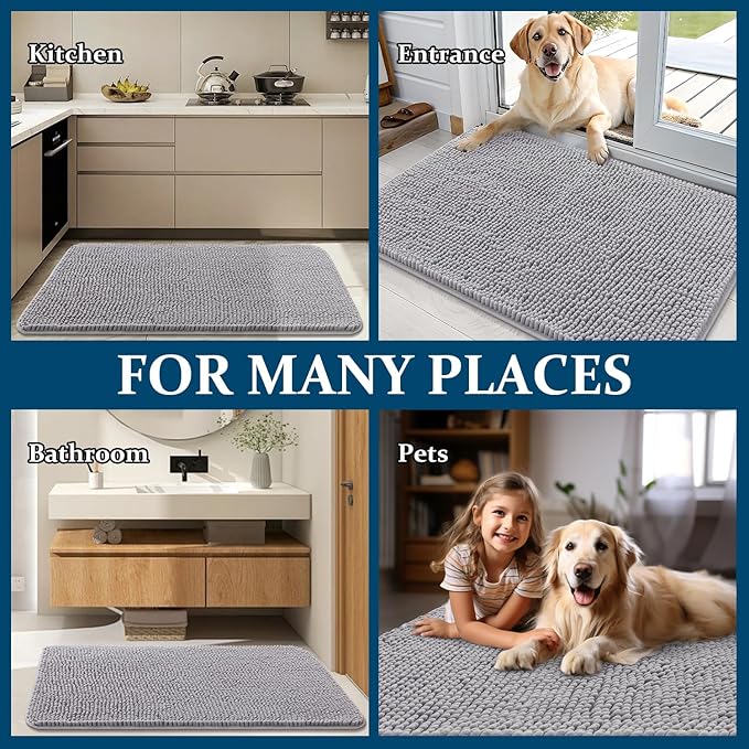 OLANLY Dog Door Mat for Muddy Paws 35x24, Absorbs Moisture and Dirt, Absorbent Non-Slip Washable Doormat, Quick Dry Chenille Mud Mat for Dogs, Entry Indoor Entryway Carpet for Inside Floor, Light Grey