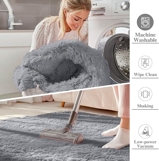 OLANLY 4x4 Machine Washable Accent Rug, Soft Fluffy Shaggy Area Rug for Bedroom, Living Room, Indoor Floor Carpet for Kids, Nursery, Home Decor, Light Grey