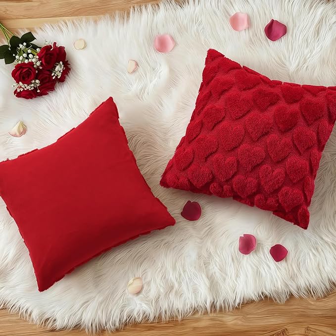 decorUhome Valentine’s Day Soft Plush Throw Pillow Covers 18x18 Inch Set of 2, Faux Fur Red Heart Decoration Neutral Square Pillow Covers for Couch Sofa Bed Cozy Farmhouse Holiday Decor