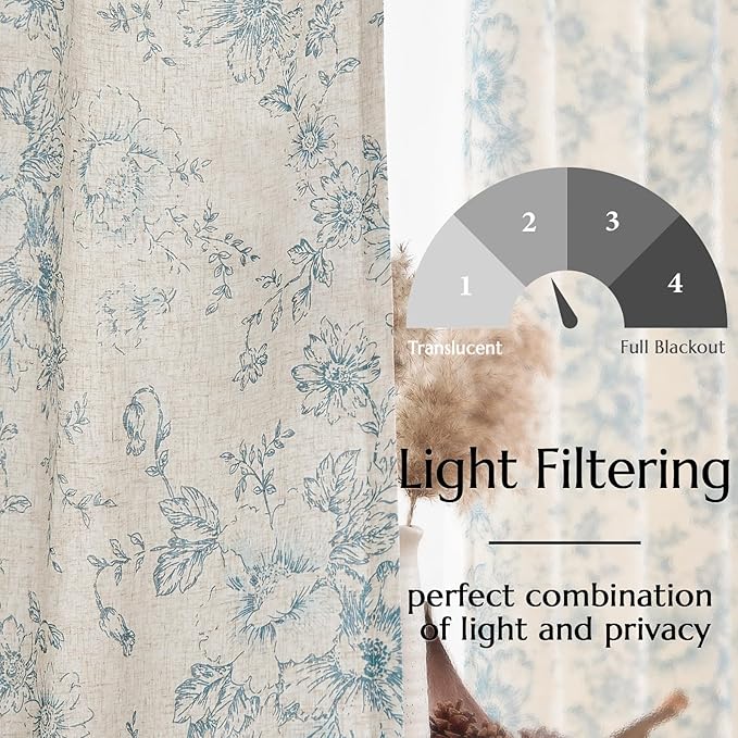 jinchan Lined Linen Blend Curtain Floral Curtains for Living Room 84 Inches Long Blue Peony Flower Printed Curtain Rod Pocket Back Tab Farmhouse Patterned Drapes Bedroom Window Curtains Set 2 Panels