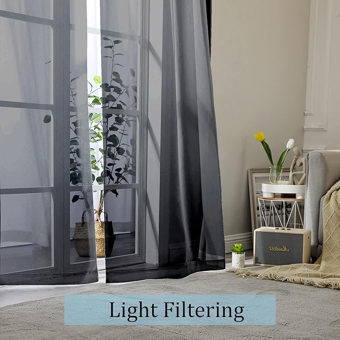 OWENIE Short Sheer Curtains 24 Inches Long 2 Panels for Bathroom Window, Rod Pocket Light Filtering Sheer Tier Curtains for Small Kitchen Laundry Room, RV, Camper Travel Trailers, 42 W x 24 L, Black