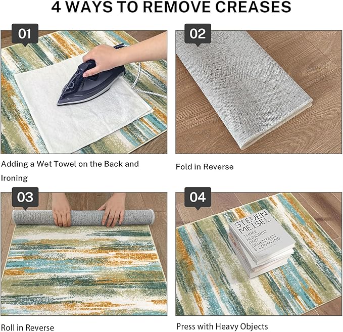 Lansny Modern Abstract Small Area Rug Indoor 3x5 Washable Rug Non-Slip Soft Entryway Rug Green Mustard Multi Kitchen Mats Thin Print Faux Wool Floor Carpet Throw Rugs for Entrance Bedroom Home Decor