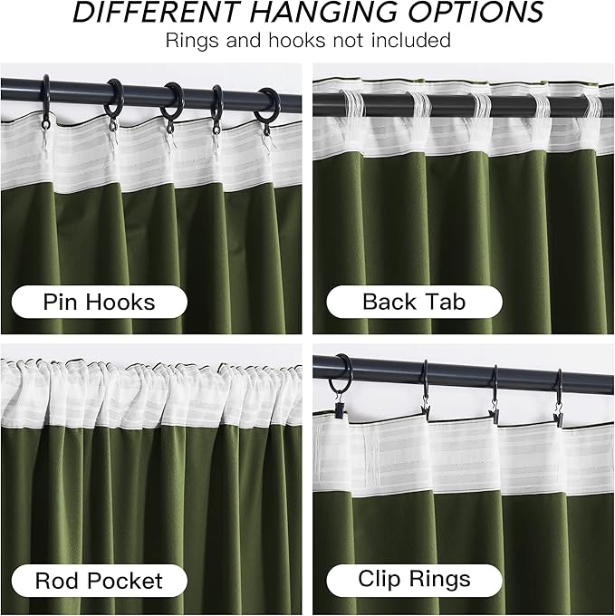 RYB HOME Green Velvet Curtains 96 inch, Solid Room Darkening Window Curtains for Living Room Light & Draft Block Privacy Backdrop with Pleat Tape Pocket& Tabs, Olive Green, W52 x L96 inch, 2 Panels