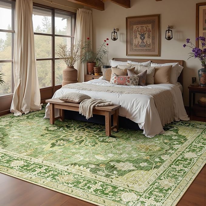 RELEANY Area Rugs 10'x14' Washable Non-Slip, Floral Vintage Distress Print Pattern Medallion Carpet for Living Room Bedroom Dining Room, Sage Green Yellow
