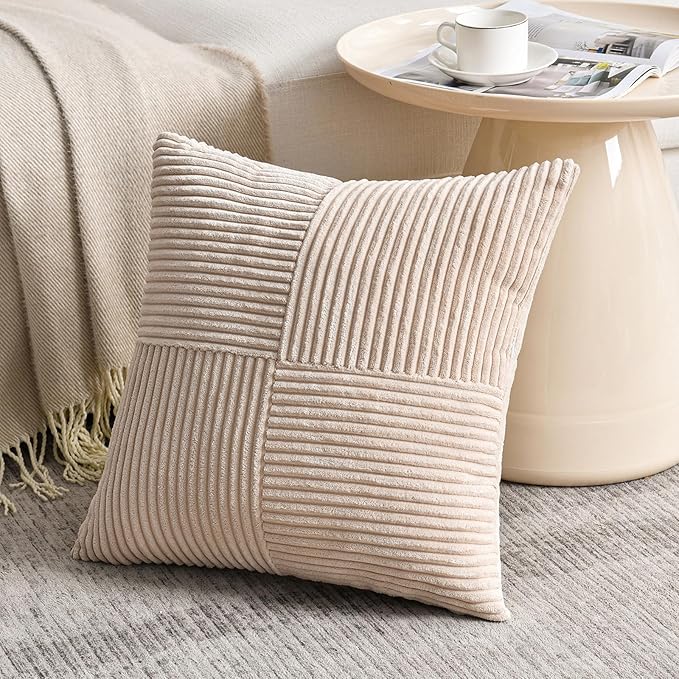 Fancy Homi 2 Packs Tan Samll Decorative Throw Pillow Covers 14x14 Inch with for Couch Bed Sofa, Rustic Farmhouse Boho Home Decor, Soft Corss Patchwork Corduroy Square Beige Cushion Case 35x35 cm