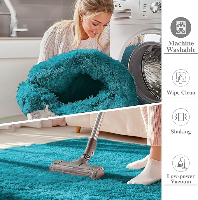 OLANLY Area Rugs for Living Room Bedroom, Machine Washable 4x5.9 ft Soft Fluffy Shaggy Bedside Rug, Indoor Floor Carpet for Kids Girls and Boys, Dorms, Nursery Rooms, Home Decor Aesthetic, Teal