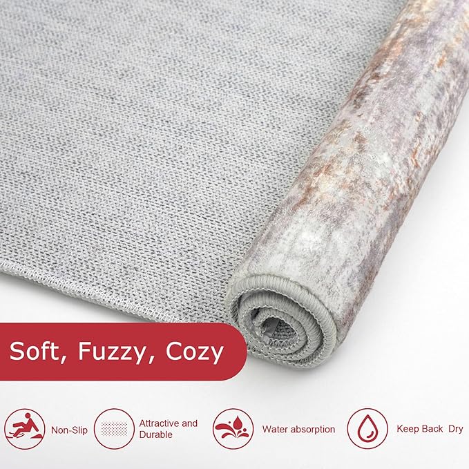 KOZYFLY 2x6 Washable Runner Rug for Hallways & High-Traffic Areas - Non-Slip Kitchen & Entryway Runner, Multi Grey/Orange Abstract Modern Low-Pile Carpet, Perfect for Bathroom