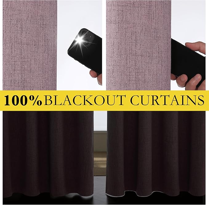 NICETOWN Chaise Mauve Vintage Linen 100% Blackout Curtains for Living Room, Thermal Insulated Curtains 72" Long, Noise Reducing Window Treatment Drapes for Hall Room, 52" Wide Per Panel, Set of 2