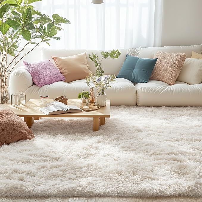 OLANLY 4x12 Area Rugs for Living Room Bedroom, Machine Washable Soft Fluffy Shaggy Bedside Rug, Indoor Floor Carpet for Kids Girls and Boys, Dorms, Nursery Rooms, Home Decor Aesthetic, Ivory