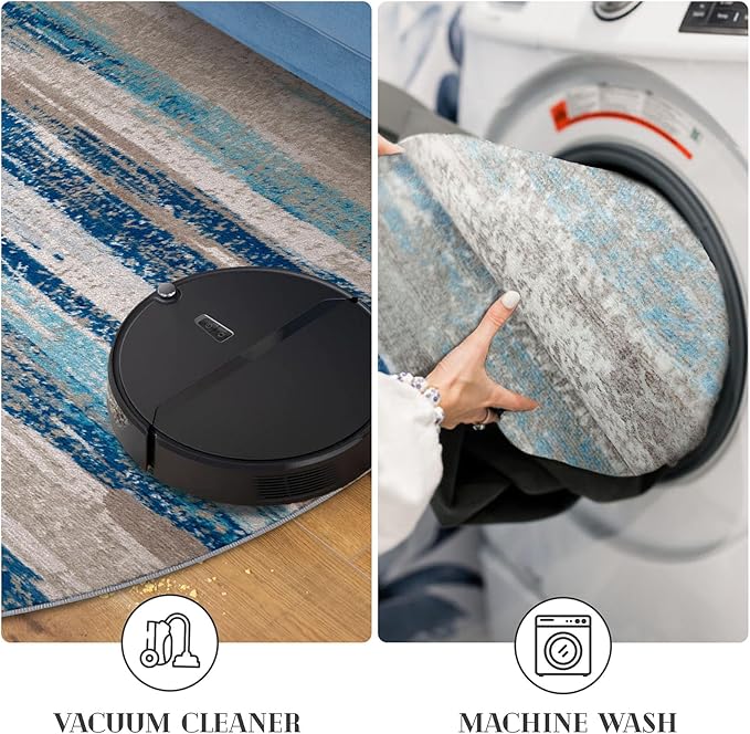 Lansny Modern Abstract Round Rug 5Ft, Blue Round Rug Washable Non-Slip Soft Small Circle Rug, Circular Dining Room Rugs Thin Print Faux Wool Carpet for Bedroom Living Room Office Playroom