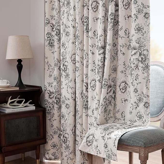 jinchan Blackout Floral Curtains for Living Room Bedroom Linen Blend Curtain Farmhouse Black Printed with Lined Back Tab Rod Pocket Drapes Window Treatments 2 Panels 63 Inch