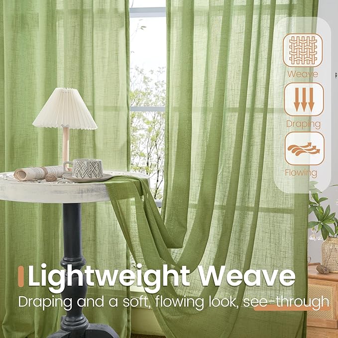 BGment Short Linen Semi Sheer Curtains 40 Inch Length for Kitchen Cafe Window - Small Green Drapes Light Filtering with Rod Pocket for Front Door Bathroom, 2 Panels Set, 30 X 40 Inch