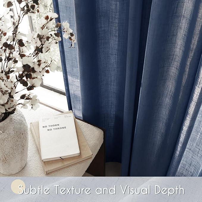 Navy Blue Curtains 120 inch Length for Bedroom Back Tab Light Filtering Semi Sheer Blue Living Room Curtains Linen Cotton Textured Indigo Blue Drapery Panel Modern Farmhouse Aesthetic Decor Dark Blue
