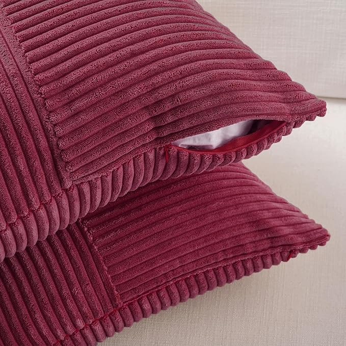 Fancy Homi 2 Packs Burgundy Samll Decorative Throw Pillow Covers 14x14 Inch with for Couch Bed Sofa, Rustic Farmhouse Boho Home Decor, Soft Corss Patchwork Corduroy Square Cushion Case 35x35 cm