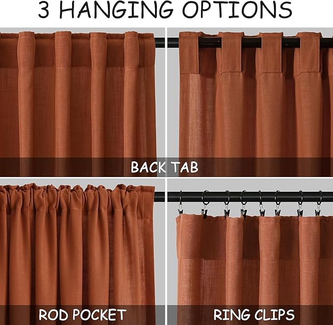 Nanspring Extra Wide Linen Curtains for Living Room 84 Inches Long Terracotta Light Filtering Semi Sheer Boho Farmhouse Curtain for Bedroom Office Luxury Back Tab and Rod Pocket 100x84, 2 Panels