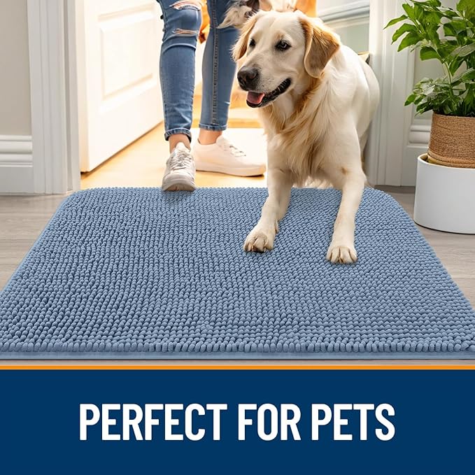 OLANLY Dog Door Mat for Muddy Paws 34x21, Absorbs Moisture and Dirt, Absorbent Non-Slip Washable Doormat, Quick Dry Chenille Mud Mat for Dogs, Entry Indoor Entryway Carpet for Inside Floor, Airy Blue