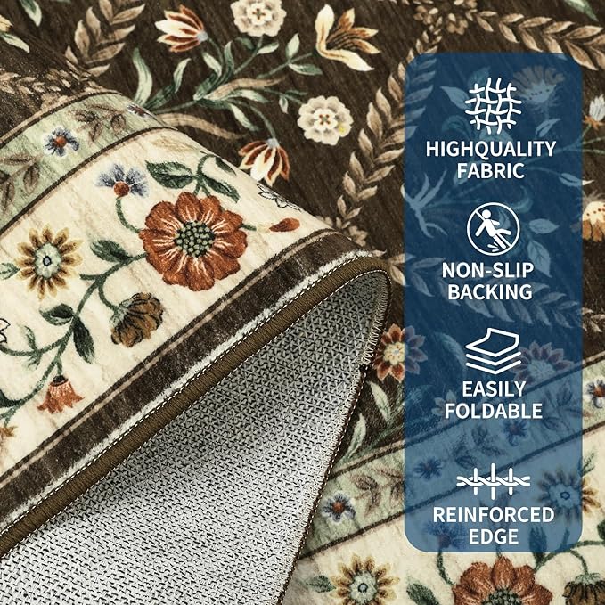 Washable Kitchen Runner 2x6 Non-Slip Floral Carpet Runner for Entryway Indoor Ultra Soft Stain Resistant Long Rugs Farmhouse Floor Mat for Hallways Laundry Bedroom Brown