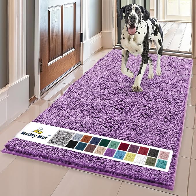 Muddy Mat® | Super Absorbent Door Mat Indoor, Microfiber Quick Dry Chenille Entryway Rug, Non-Slip Front Door Mat, Indoor Mats for Entryway, Machine Washable Pet Rug, Purple 24" x 96"