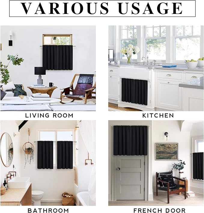 RYB HOME Short Blackout Curtains for Bedroom, Black Room Darkening Insulated Summer Heat Light UV Blocking Energy Saving Drapes for Nursery, Width 34 by Length 45, Black, Set of 2