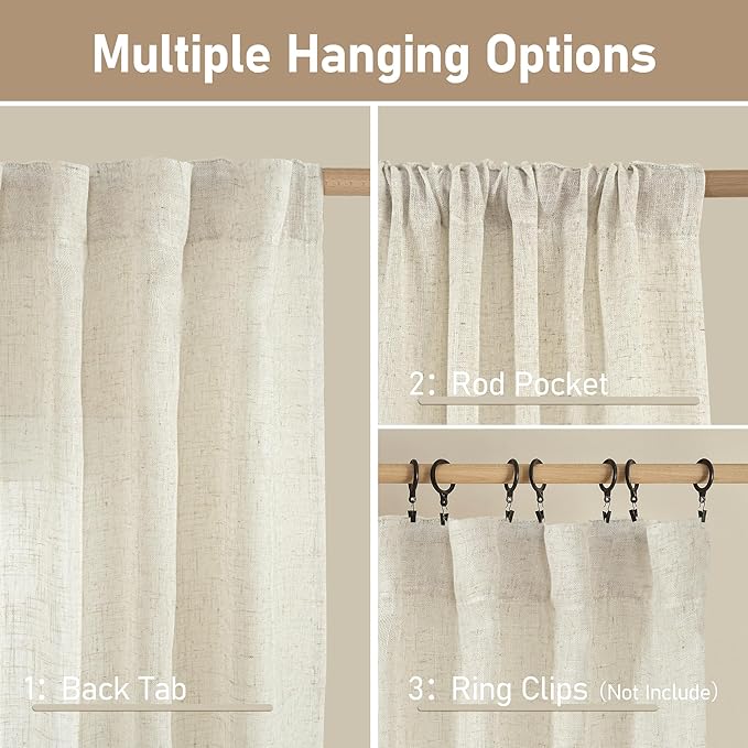 LAMIT Natural Linen Semi Sheer Curtains 48 Inch for Bedroom, Light Filtering Neutral Window Curtains Farmhouse Boho Back Tab and Rod Pocket Panels, Natural Cream Ivory, 2 Panels, 52 x 48 Inch