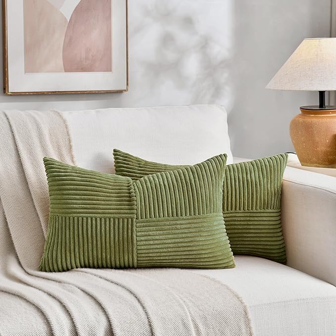 Fancy Homi 2 Packs Moss Green Lumbar Decorative Throw Pillow Covers 16x32 Inch for Living Room Couch Bed, Rustic Farmhouse Boho Home Decor, Soft Striped Corduroy Rectangle Accent Cushion Case 40x80 cm