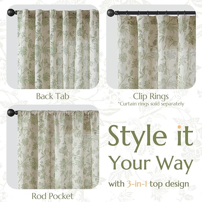 jinchan Linen Floral Curtains for Living Room with Printed Flower 96 Inches Long Light Filtering French Country Back Tab Rod Pocket Sage Green Window Curtain Set Farmhouse Drapes 2 Panels