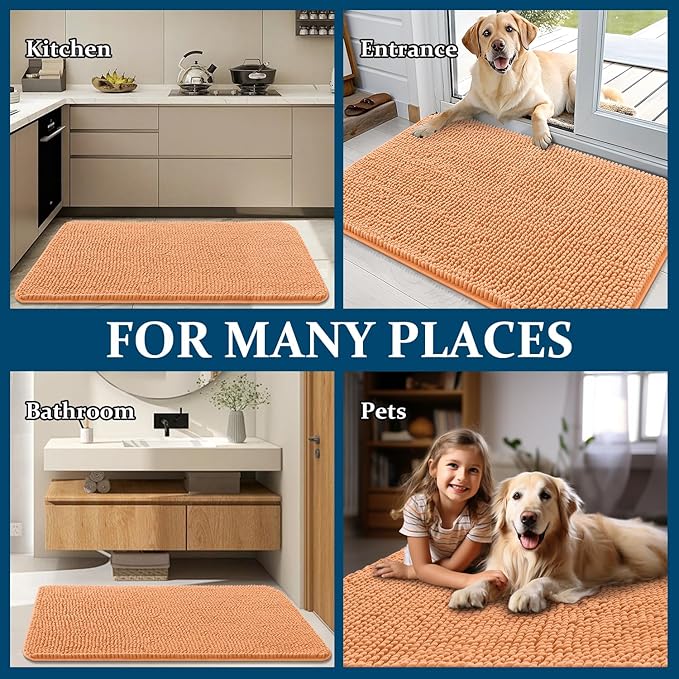 OLANLY Dog Door Mat for Muddy Paws 32x20, Absorbs Moisture and Dirt, Absorbent Non-Slip Washable Doormat, Quick Dry Chenille Mud Mat for Dogs, Entry Indoor Entryway Carpet for Inside Floor, Orange