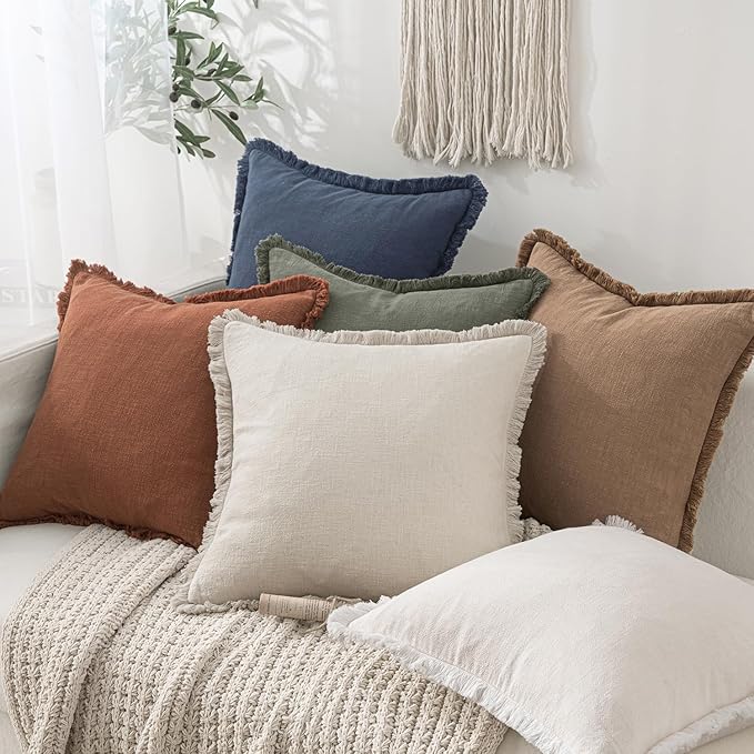 MIULEE Decorative Throw Pillow Covers Neutral Linen Fringe Throw Pillows Set of 2 Indigo Blue Boho Farmhouse Cushion Covers Coastal Decor for Couch Sofa Bed Living Room Spring Decor 20x20 Inch