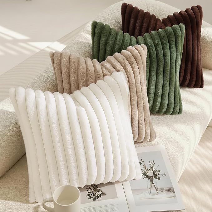decorUhome Cozy Faux Fur Throw Pillow Covers 16x16 Set of 2 Decorative Soft Plush Striped Modern Farmhouse Boho Couch Pillow Cases with Velvet Back for Sofa Bed Living Room, Olive Green