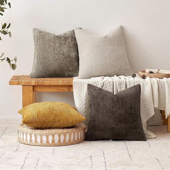MIULEE Pack of 2 Couch Throw Pillow Covers 16x16 Inch Neutral Gold Modern Boho Accent Decorative Pillow Covers Soft Chenille Farmhouse Cushion Covers for Home Decor Bed Sofa Living Room