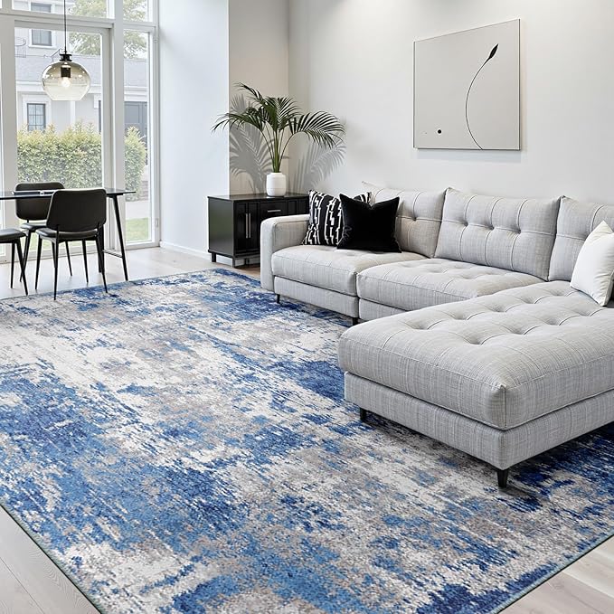 Washable Area Rugs 6'x9' Non-Slip Modern Abstract Soft for Living Room Entryway Bedroom Nursery, Print Pattern, Blue Grey Navy Gray