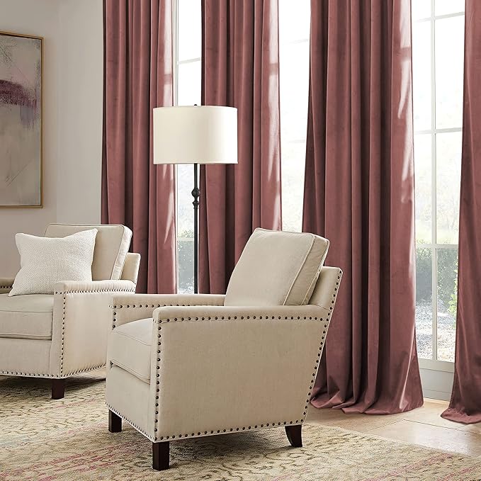 RYB HOME Dusty Pink Velvet Curtains 108 inch, Darkening Window Curtains for Living Room Energy Efficient Backdrop Festival Decor for Girls Bedroom Dining Room, Wild Rose, W52 x L108 inch, 2 Panel