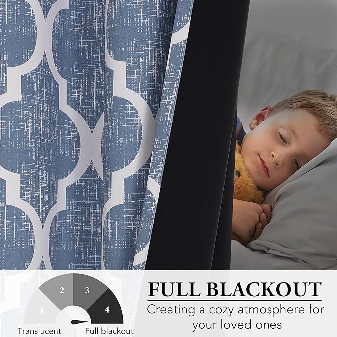 Beauoop 100% Blackout Curtains 96 Inches Long 2 Panels for Bedroom Living Room Blue Moroccan Geo Room Darkening Thermal Insulated Soundproof Rod Pocket Back Tab Window Treatments Drapes, 50x96