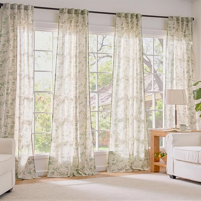 Lazzzy Floral Linen Curtains Farmhouse Extra Long Curtain for Living Room Bedroom Light Filtering Vintage Rod Pocket Back Tab Drapes for Home, 2 Panels, Green on Beige, W38 X L108
