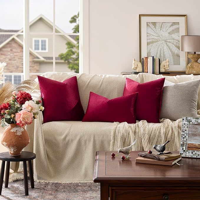 GIGIZAZA Burgundy Pillow Covers 24x24: Pack of 2 Throw Pillows Soft Solid Covers - Velvet Decorative Couch Big Cushion Covers Used for Chrismas Room Decor,Living Room,Bedroom,Sofa