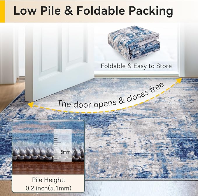 Washable Area Rugs 2'6''x8 Non-Slip Modern Abstract Soft for Living Room Entryway Bedroom Nursery, Print Pattern, Blue Grey Navy Gray
