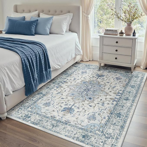 Area Rugs 4'x5' Washable Non-Slip, Floral Vintage Distress Print Pattern Medallion Carpet for Living Room Bedroom Dining Room, Light Blue Navy Beige Gray White