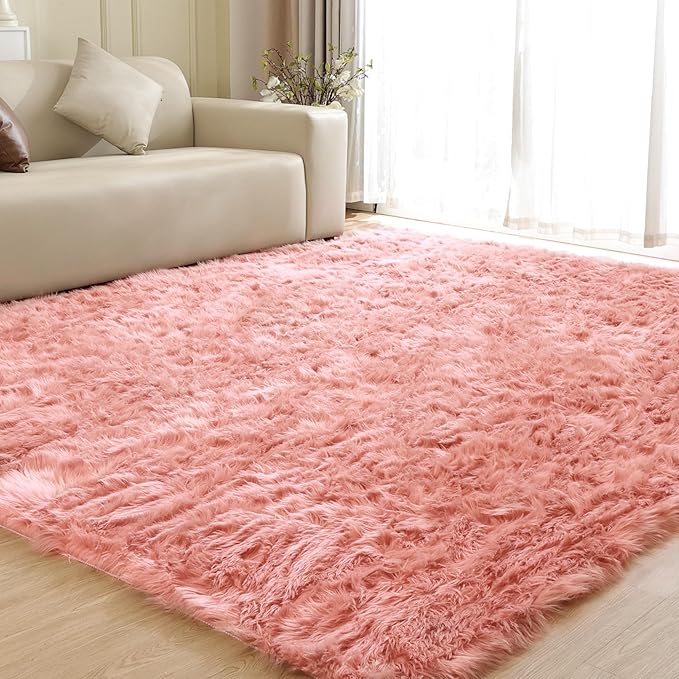 ORINOVA Pink Area Rugs 8x10 Shag Large Washable Rugs for Bedroom Plush Faux Sheepskin Shaggy Fur Rug for Living Room Soft Rectangle Rug