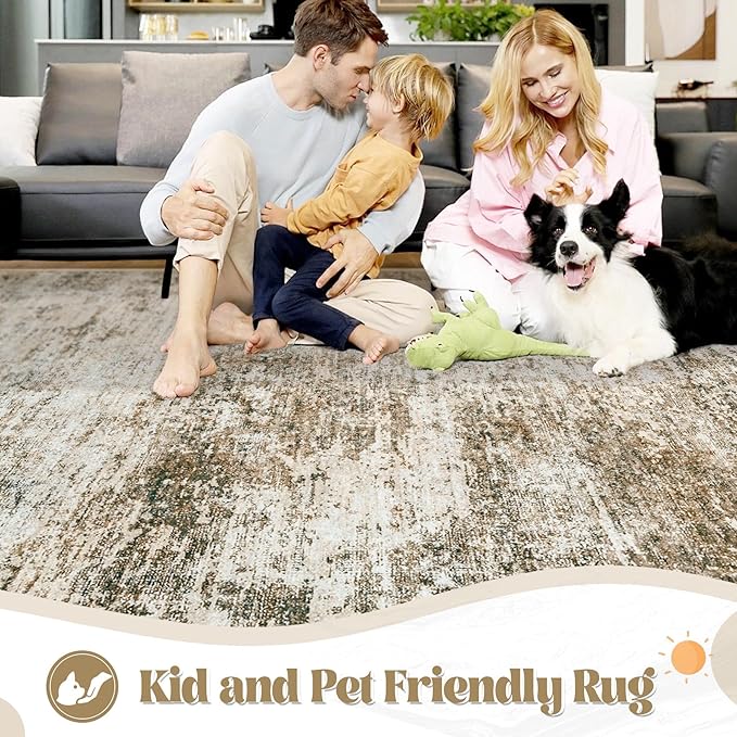 XLUEZ 9x12 Area Rug for Living Room, Washable Modern Abstract Large Area Rug Neutral Soft Non Slip Kids Rug Stain Resistant Indoor Carpet for Bedroom Dining Room Playroom Office(Brown, 9'x12')