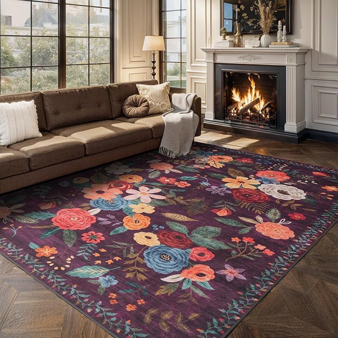 Washable Area Rug 8x10, Large Soft Rugs for Living Room Floral Purple Carpet 8x10 Area Rugs for Bedroom Dining Room Non-Slip Stain Resistant Under Table Rug (8 x 10, Purple)