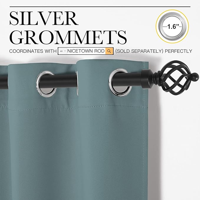 NICETOWN Modern Greyish Blue Blackout Curtains Noise Reducing, Thermal Insulated and Privacy Room Darkening Drape Panels for Boy's Guest Room Door Small Short Window (2 Panels, W42 x L63 -Inch)