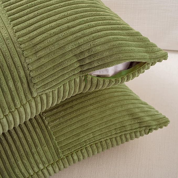 Fancy Homi 2 Packs Moss Green Decorative Throw Pillow Covers 22x22 Inch for Living Room Couch Bed Sofa, Farmhouse Boho Home Decor, Soft Corss Corduroy Patchwork Accent Square Cushion Case 55x55 cm