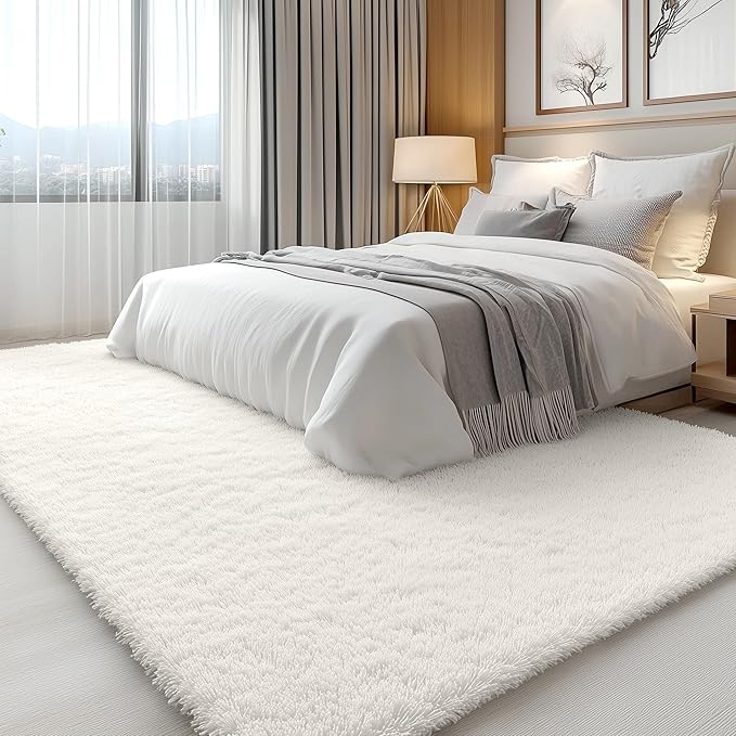 OLANLY 7x9 Machine Washable Large Area Rugs for Living Room, Bedroom, Soft Fluffy Shaggy Bedside Rug, Indoor Floor Carpet for Kids Girls and Boys, Dorms, Nursery, Home Decor Aesthetic, Ivory