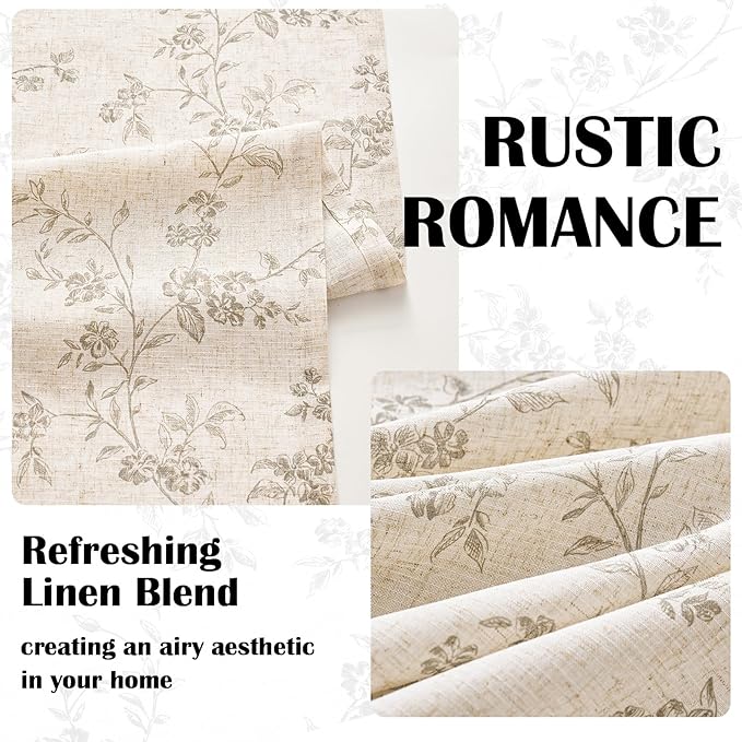 Lazzzy Farmhouse Linen Curtains Extra Long Gray Floral Curtains 108 Inch Long Back Tab Drapes for Living Room Bedroom Light Filtering Country Vintage Rod Pocket, 2 Panels, Grey on Beige