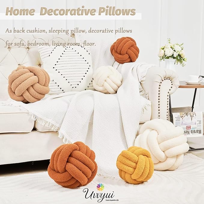 Uvvyui Knot Pillow Ball, Soft Home Decorative Round Throw Pillow, Handmade Knotted Plush Pillow, Round Boucle Pillow Cushion (8.6 Inches Light Grey)