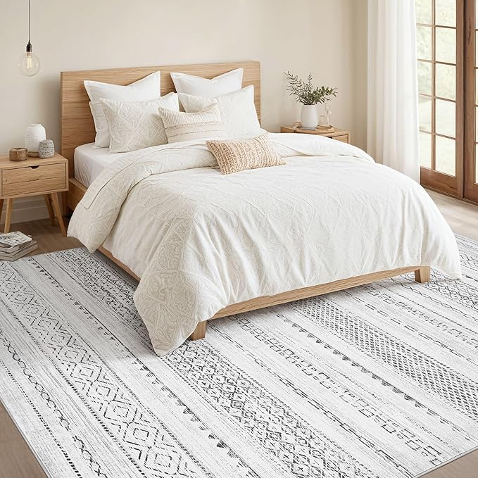 Nakagishi Area Rugs 8x10 Living Room: Washable Boho Large Neutral Soft Farmhouse Rug Stain Resistant Modern Geometric Non-Slip Indoor Carpet for Bedroom Nursery Kids Playroom Office Dining Room- Grey