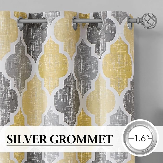 Beauoop 100% Blackout Curtains 84 Inches Long for Patio Sliding Door Yellow Grey Extra Wide Moroccan Geo Room Darkening Thermal Soundproof Room Divider Grommet Window Treatment Drapes,100x84 Set of 1