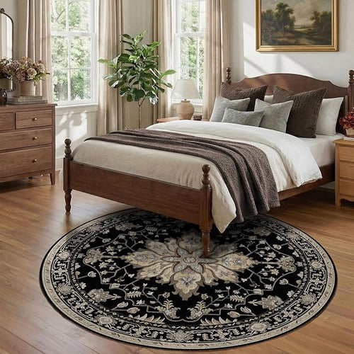 Area Rugs 7ft Washable Non-Slip, Floral Vintage Distress Print Pattern Medallion Carpet for Living Room Bedroom Dining Room, Black Brown Neutral Dark Tan