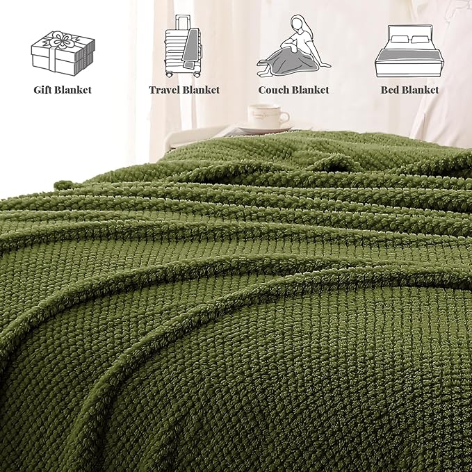 Whale Flotilla Twin Size Fuzzy Fleece Blanket, Fluffy Warm Soft Jacquard Bed Blankets for All Season, Lightweight and Cozy, 60x80 Inch, Olive